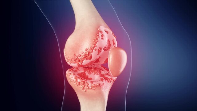 Severe bone spurs in the knee joint cartilage damage the articular surface, causing pain, stiffness, and limited mobility. 3D animation of degenerative joint disease and osteophyte formation.