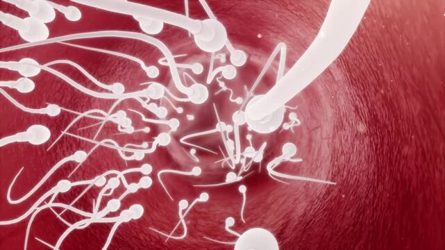 Millions of sperm swim toward the waiting egg cell, but only a few succeed in approaching it. 3D animation of the reproductive process and natural selection during fertilization.
