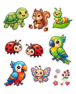Adorable Wildlife and Insect Sticker Sheet with Butterfly and Parrots