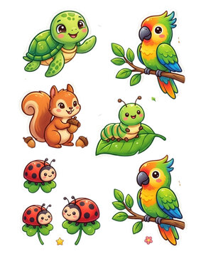 Cute Forest Animals and Insects Sticker Set with Parrots, Squirrel, and Ladybugs