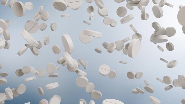 Round white tablets keep dropping and piling up on a flat surface, representing medication intake and pharmaceutical supply. 3D animation of pills for daily treatment.