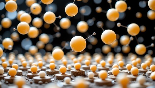 The image features numerous orange colored spherical objects suspended in mid air, interconnected by thin lines, creating a complex molecular like structure