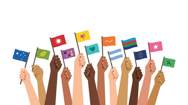 Diverse hands holding national flags, multicultural symbol, global unity, international relations vector