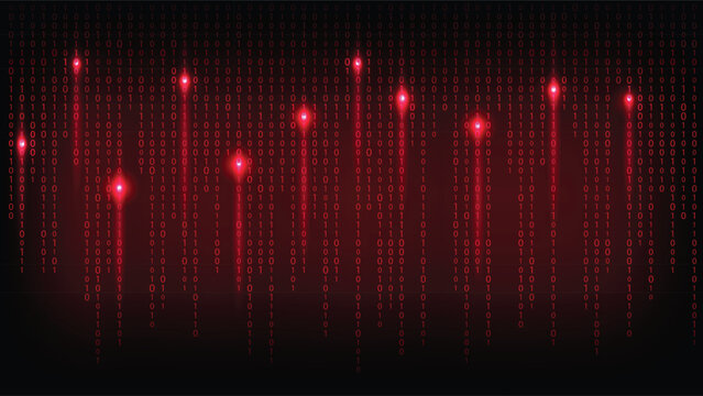 Abstract cybersecurity backdrop with glowing red binary numbers falling down vertically like a data matrix rain