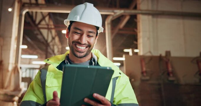 Tablet, man and carpenter in factory for manufacturing, development and inventory list. Tech, happy person and artisan with woodwork report in industry, production productivity and scroll schedule