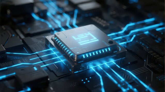 Close-up of glowing chip at circuit board center, circuit lines with blue light effects, tech digital hardware 3D render material