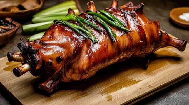 suckling. A golden-brown roasted suckling pig as the centerpiece of a feast. menu design, packaging mockups, designed for food delivery and cloud-kitchen brand materials, inspires cooking.