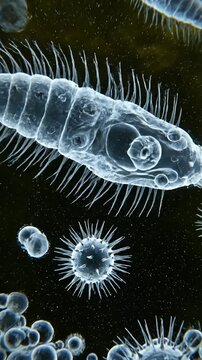 Scientific microscopic view of ciliates in dark water.