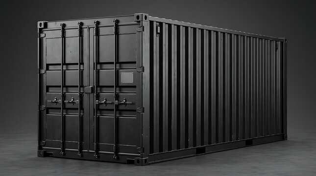 A large black metal shipping container sits on a gray floor in a dark room.