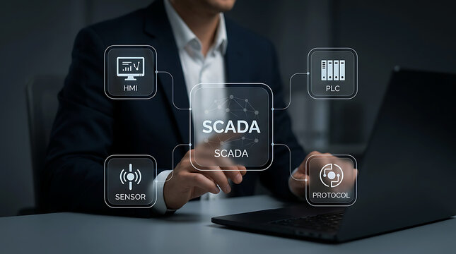 SCADA automation dashboard with PLC HMI sensor protocol interface