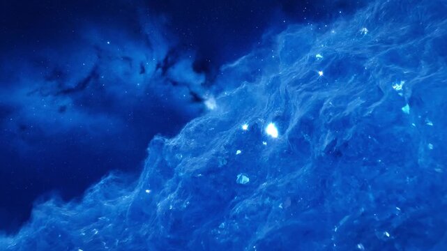 Abstract blue nebula space background, with glowing particles, and cosmic dust motion