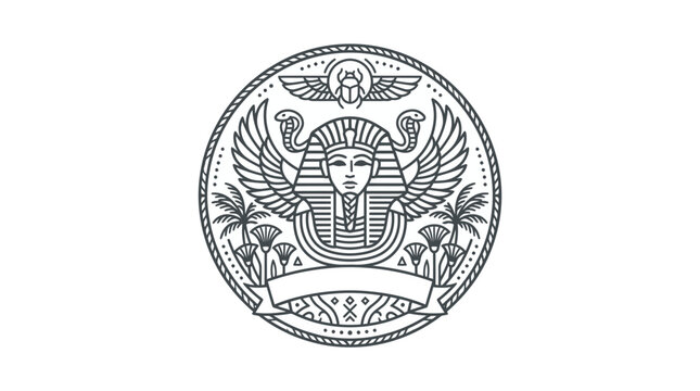 Dynamic Ancient Egyptian Pharaoh Symbol with Winged Sun Disc Uraeus and Hieroglyphic Cartouche in Black and White Line Art