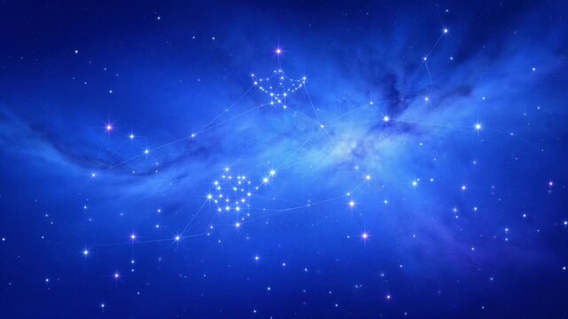 Animated constellation mapping in deep blue outer space with glowing stars and nebula background