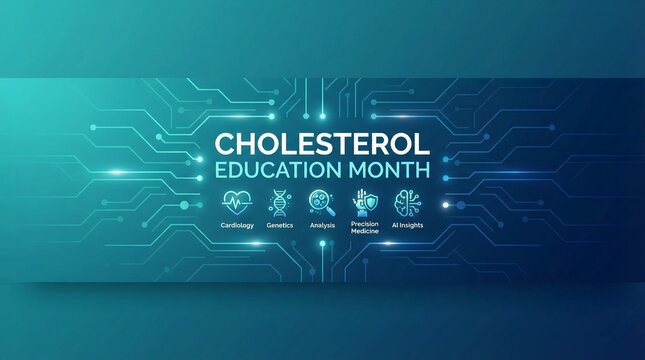Cholesterol education month digital background with medical icons and circuit board patterns