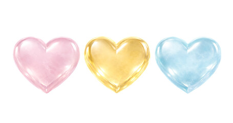 Obraz premium Three colorful heart gems set on transparent PNG background with pink gold blue crystal