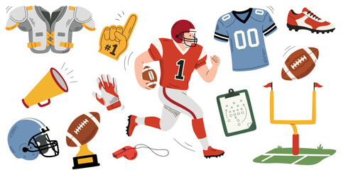 American football elements in cartoon doodle style. Helmet, ball, jersey, trophy, whistle, strategy board and equipment. American football stickers © Алла Машичева