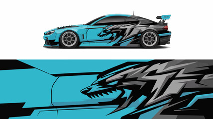Dynamic sports car with aggressive wolf graphic wrap design. © lemon