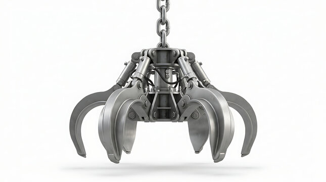 A mechanical claw hangs suspended from a chain against a white background