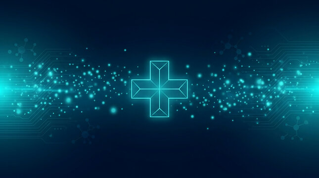 Digital health network visualization with glowing abstract geometric shapes