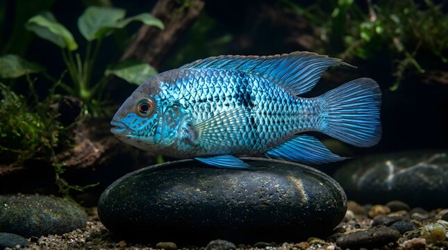 Electric Blue Acara Cichlid Fish Swimming Above a Dark River Stone in a Freshwater Habitat