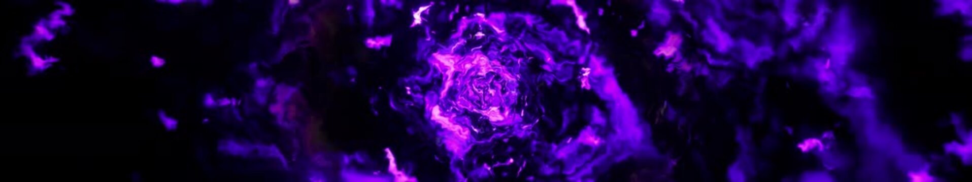 Purple abstract vortex tunnel with smoky energy clouds and glowing center in panoramic widescreen, seamlessly looped video