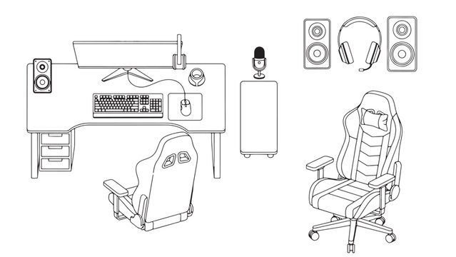 Top view gaming desk setup with monitor, keyboard, headset, speakers and ergonomic chair line art
