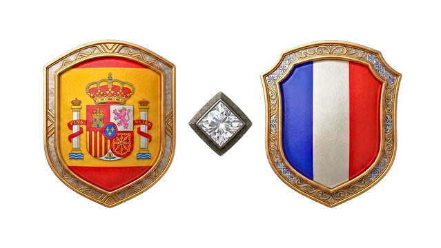 Spain vs France flag shield badges for international football competition isolated on PNG transparent background