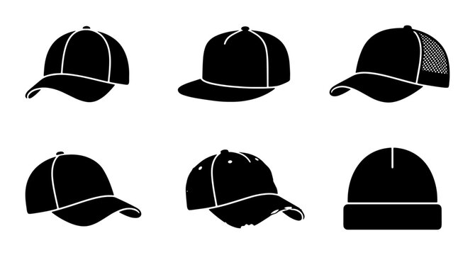 Black Baseball Caps and Beanie Hat Icons, Vector Set of Headwear Silhouettes for Fashion and Sport