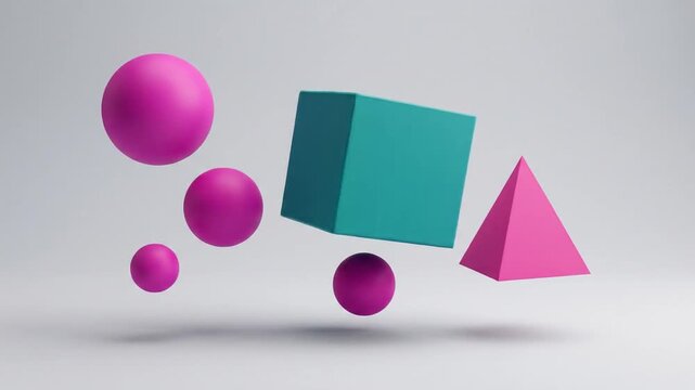 3D geometric shapes floating on white background with pink spheres, teal cube, and pyramid rotating.