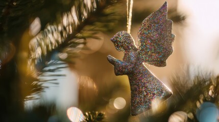 Fototapeta premium Sparkling angel ornament hanging on a Christmas tree with sunlight shining through branches