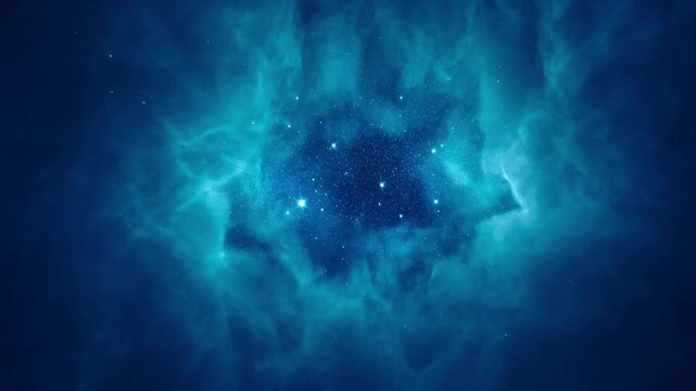 Deep space nebula travel through glowing blue stars and cosmic gas clouds animation