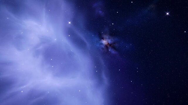 Deep space nebula cloud with glowing stars and cosmic dust particles in dark blue galaxy