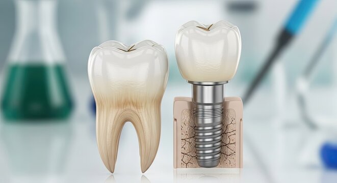 Dental implant model demonstrating tooth and root structure for medical illustration