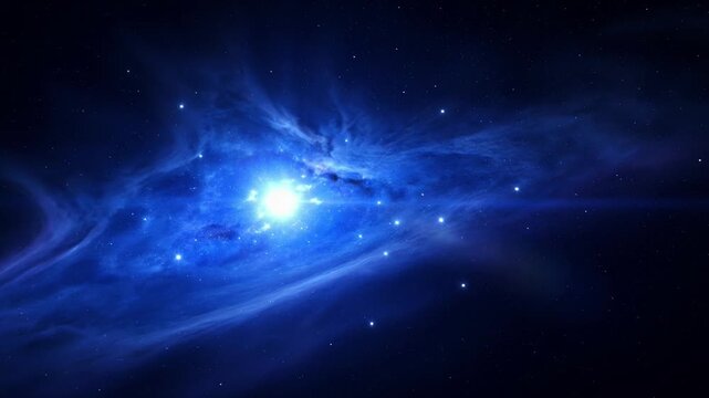 Deep space nebula with glowing blue star and cosmic dust clouds in infinite galaxy