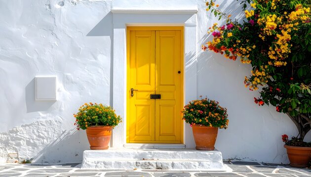 Puerta amarilla en fachada blanca con macetas de flores y buganvilla en una entrada mediterr&aacute;nea luminosa