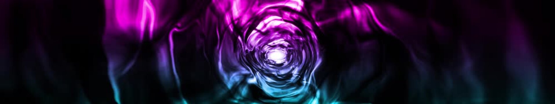 Cyan and magenta glowing liquid tunnel vortex with bright core VJ background in panoramic widescreen, seamlessly looped video