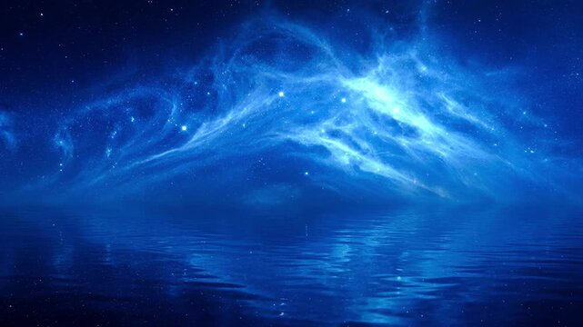 Ethereal blue nebula reflection on calm water surface cosmic space background galaxy
