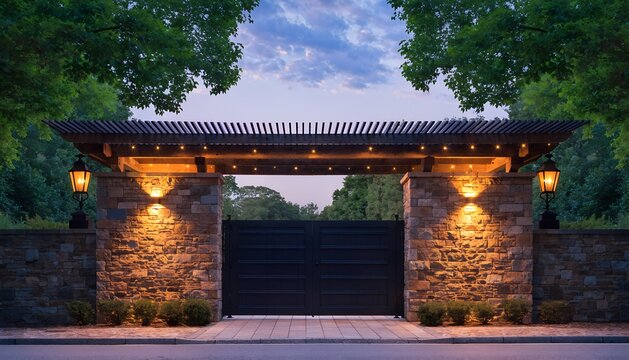 Grand Estate Entrance Gate With Black Panel Doors Stone Pillars And Wooden Pergola Illuminated By Warm Lantern Lights Surrounded By Lush Green Trees At Vivid Twilight Evening Light