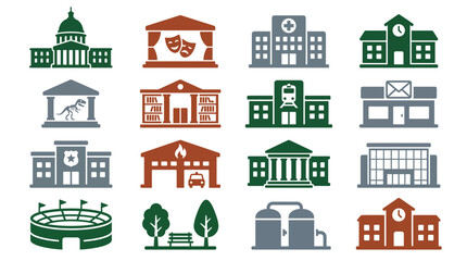 Obraz premium Vector set of colorful flat icons representing various city public buildings and urban infrastructure landmarks on white background, illustrating urban planning maps and provides navigation