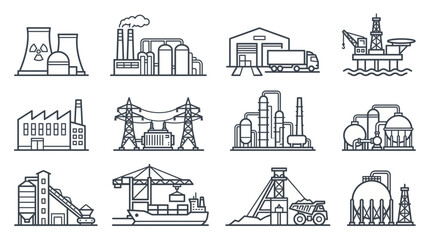 Obraz premium Set of industrial building line icons including power plants, factories, oil rigs, warehouses and logistic port facilities, symbolizes heavy industry assets and illustrating infrastructure