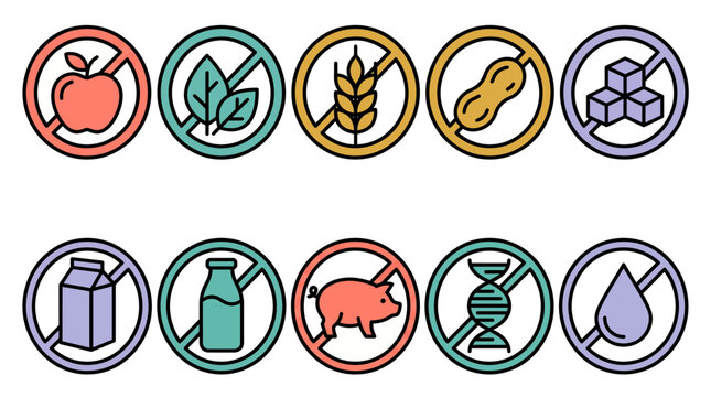 Set of colorful flat line icons showing various food allergy restrictions and dietary requirements on white background, Representing healthy nutrition labeling and allergen free packaging