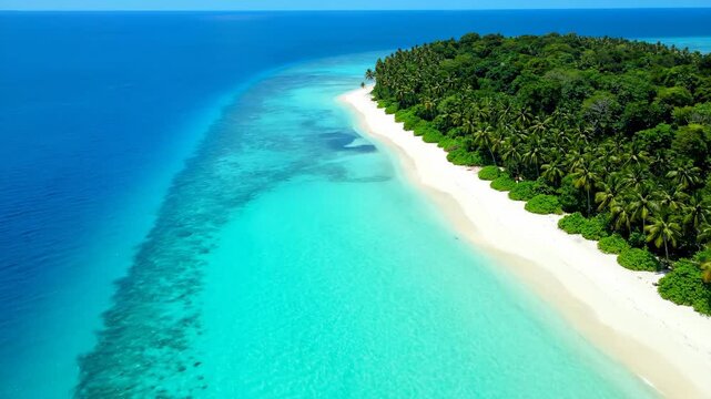 Aerial overhead view of a tropical island beach with turquoise water gradients in a cinematic style