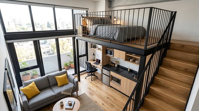 Modern small loft apartment with sleeping area and kitchen interior