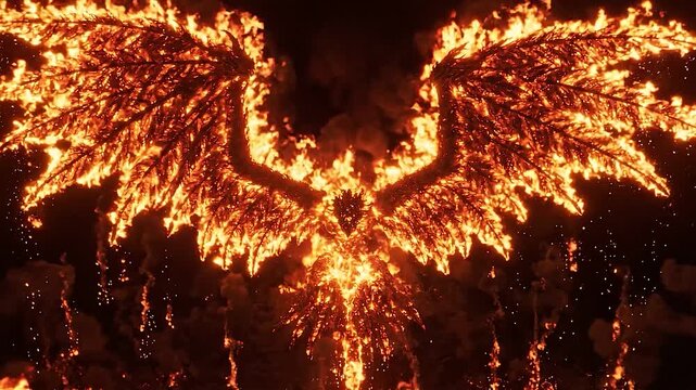 Mythical Phoenix Fire Wings Animation with Glowing Fiery Feathers Rising Flames Fantasy Creature Cinematic Rebirth Symbol Dramatic Visual Effects