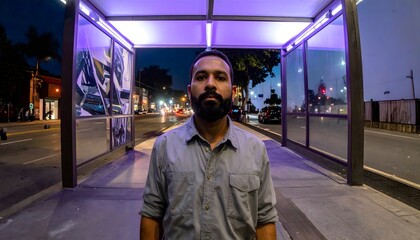 Naklejka premium Hombre con barba de pie en una parada de autobús iluminada con luces violetas durante la noche en una ciudad