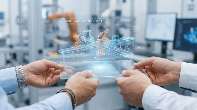Engineers Using Digital Twin Hologram of Assembly Line