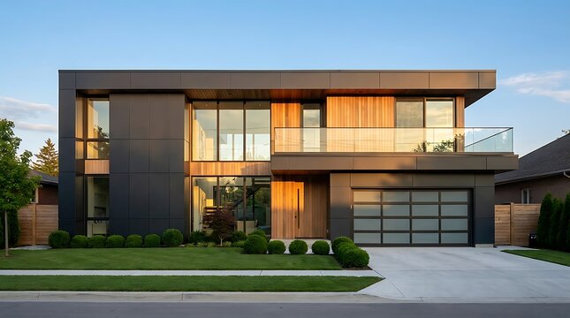 Modern luxury two story house with wood accents and a concrete driveway