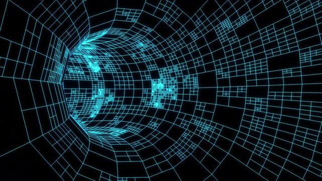 Looping animation of endless neon blue wireframe tunnel, abstract futuristic cyberspace data flow seamless background. 3d rendering not AI