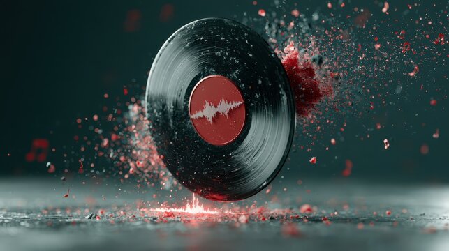 A vinyl record shatters mid-air with red particles exploding outward, symbolizing dynamic sound and energy.