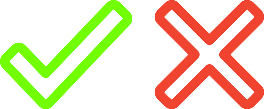Green check mark and red cross mark isolated on white background